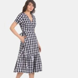 GAP Gingham Wrap Midi Dress Ruffle Hem Cotton Navy Blue White Gingham Size M